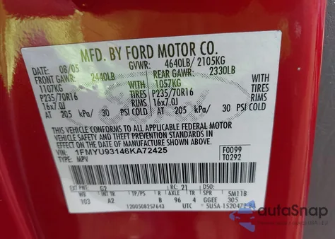 2006 Ford Escape из США, поврежденный, VIN 1FMYU93146KA72425